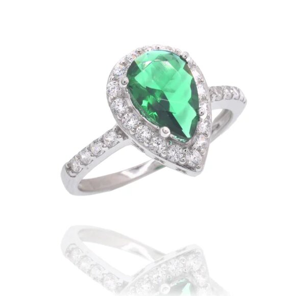 925 Sterling Silver Jewelry - Sterling Silver 925 Rhodium Plated Teardrop Emerald and Clear CZ Ring